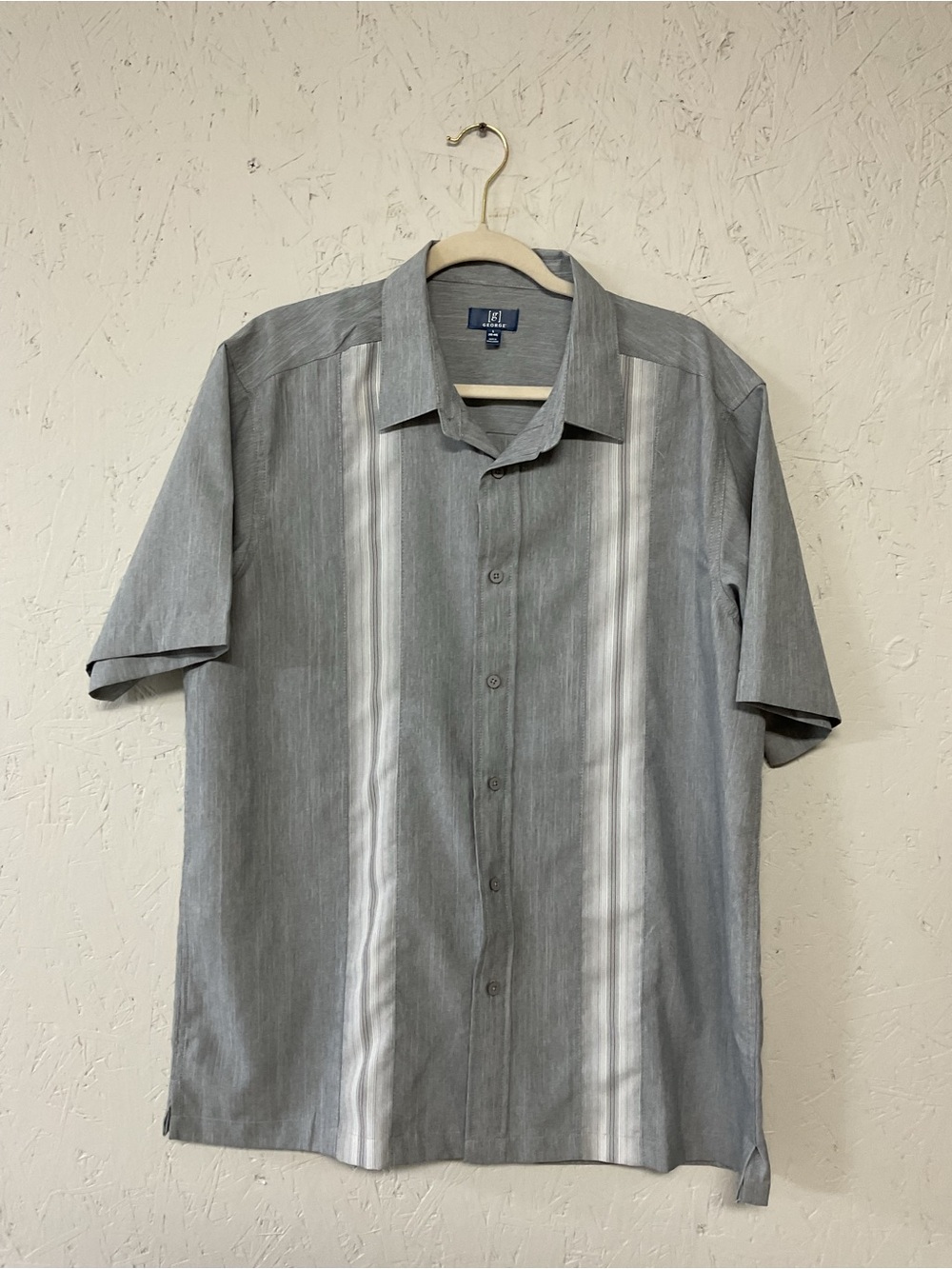 George Men’s Gray Button-Down Short Sleeve Shirt with White Vertical Stripes